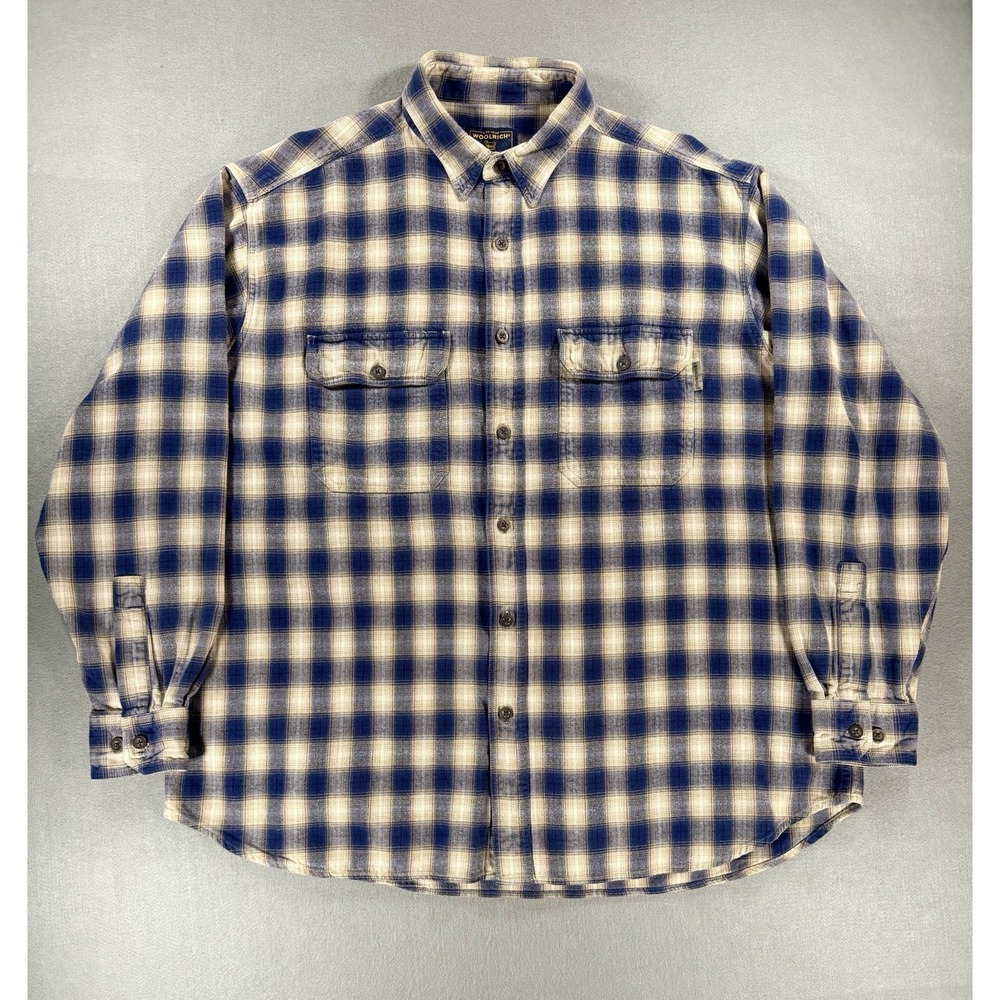 Size XL Woolrich Navy Blue & Tan Plaid Flannel Shirt Outdoors